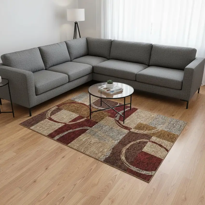 Wheat Burgundy And Gray Geometric Washable Area Rug With UV Protection Photo 2