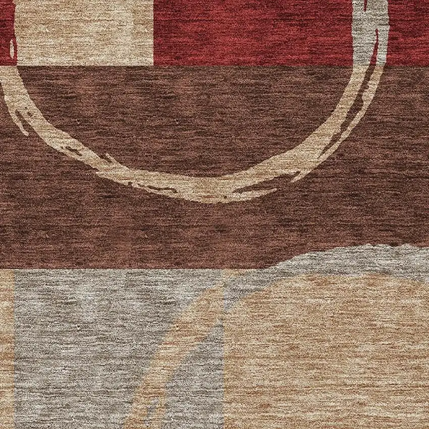 Wheat Burgundy And Gray Geometric Washable Area Rug With UV Protection Photo 2