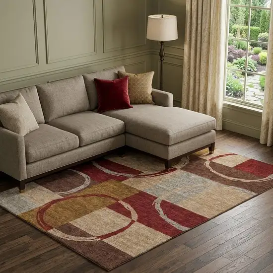 Wheat Burgundy And Gray Geometric Washable Area Rug With UV Protection Photo 1