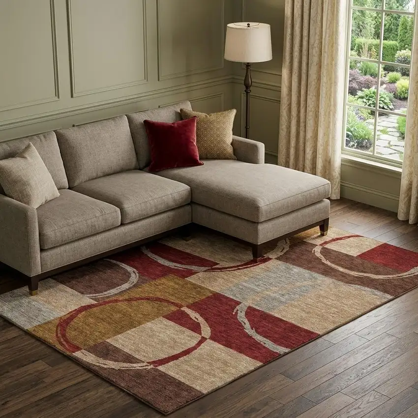 Wheat Burgundy And Gray Geometric Washable Area Rug With UV Protection Photo 1