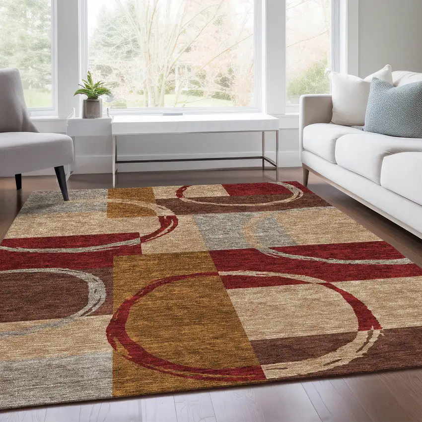 Wheat Burgundy And Gray Geometric Washable Area Rug With UV Protection Photo 5
