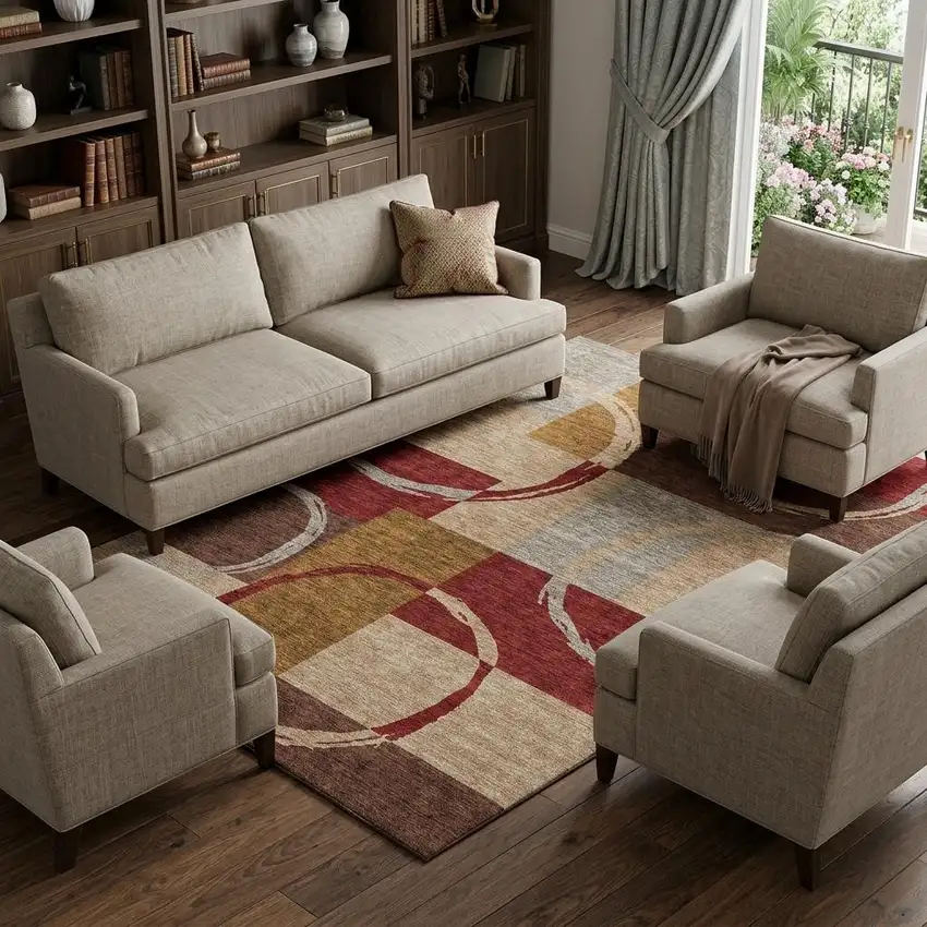 Wheat Burgundy And Gray Geometric Washable Area Rug With UV Protection Photo 1