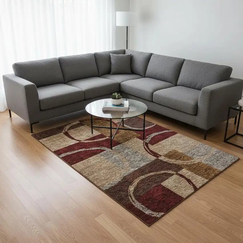 Wheat Burgundy And Gray Geometric Washable Area Rug With UV Protection Photo 2