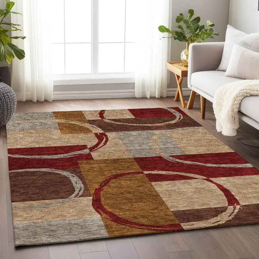 Wheat Burgundy And Gray Geometric Washable Area Rug With UV Protection Photo 4