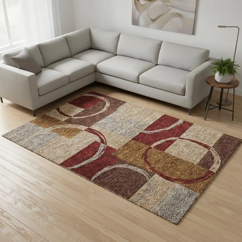Wheat Burgundy And Gray Geometric Washable Area Rug With UV Protection Photo 2