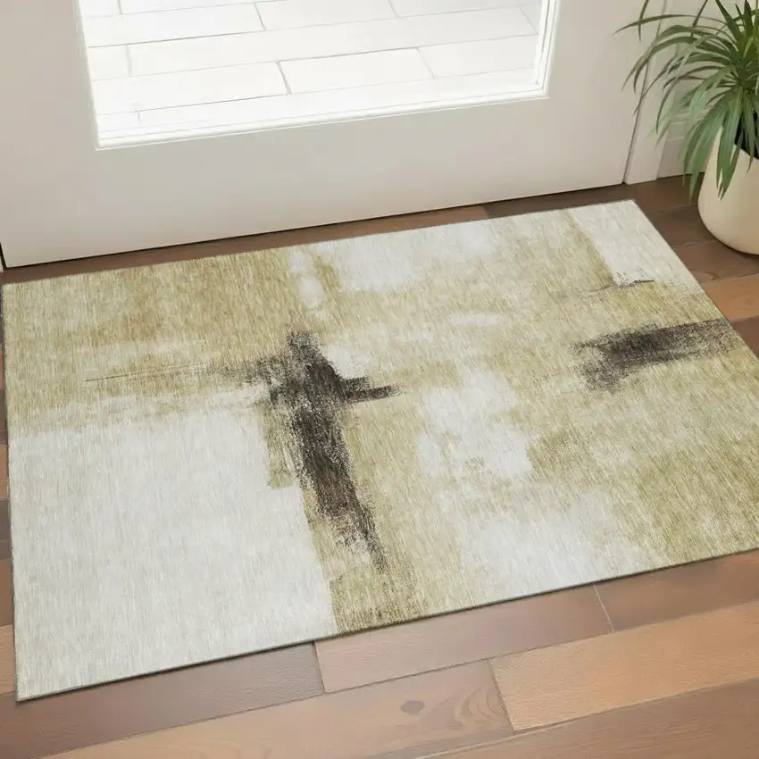 Wheat Charcoal And Ivory Abstract Washable Area Rug With UV Protection Photo 1