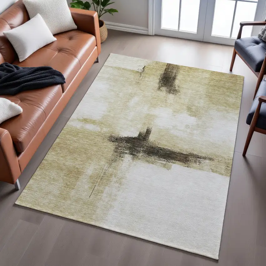 Wheat Charcoal And Ivory Abstract Washable Area Rug With UV Protection Photo 4