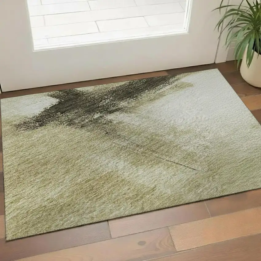 Wheat Charcoal And Ivory Abstract Washable Area Rug With UV Protection Photo 2