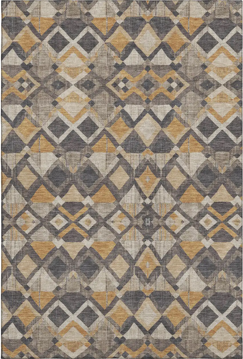 Wheat Charcoal And Ivory Geometric Washable Area Rug With UV Protection Photo 1