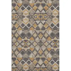 Photo of Wheat Charcoal And Ivory Geometric Washable Area Rug With UV Protection