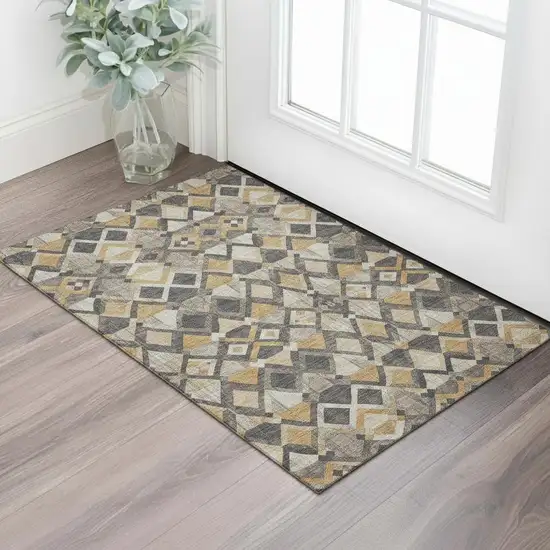 Wheat Charcoal And Ivory Geometric Washable Area Rug With UV Protection Photo 2