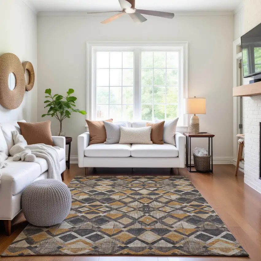 Wheat Charcoal And Ivory Geometric Washable Area Rug With UV Protection Photo 5