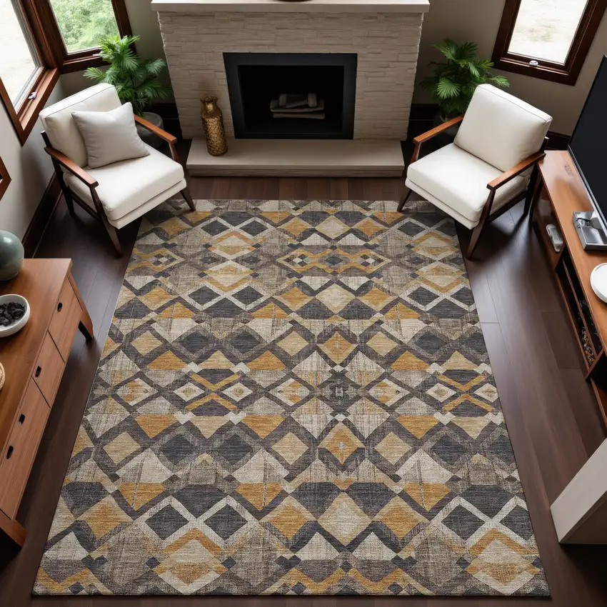 Wheat Charcoal And Ivory Geometric Washable Area Rug With UV Protection Photo 3