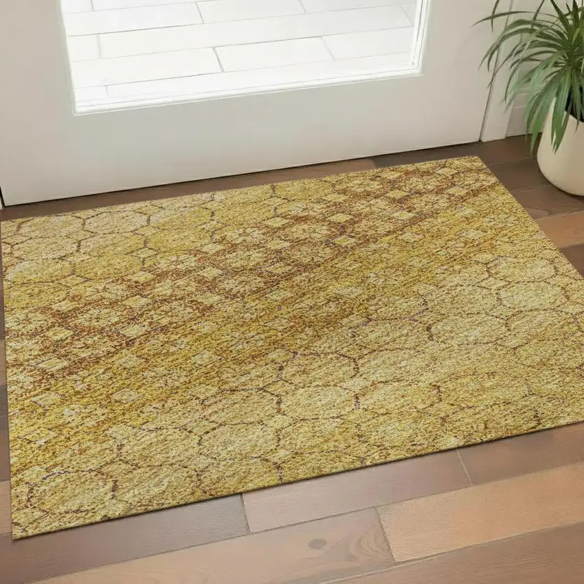 Wheat Gold And Beige Striped Washable Area Rug With UV Protection Photo 2
