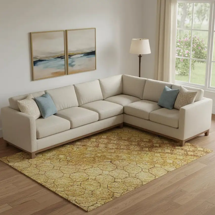 Wheat Gold And Beige Striped Washable Area Rug With UV Protection Photo 2