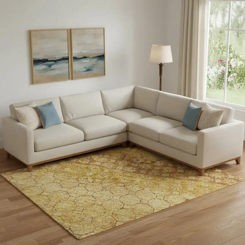 Wheat Gold And Beige Striped Washable Area Rug With UV Protection Photo 2