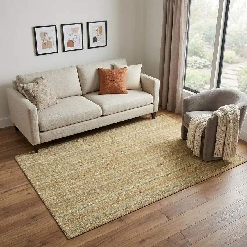 Wheat Gold And Beige Striped Washable Area Rug With UV Protection Photo 1