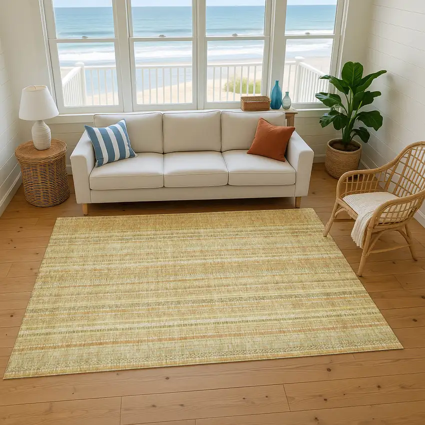 Wheat Gold And Beige Striped Washable Area Rug With UV Protection Photo 1