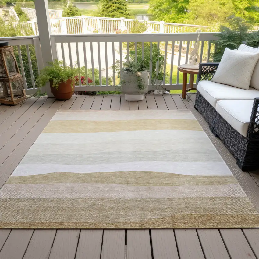 Wheat Gold And Beige Striped Washable Indoor Outdoor Area Rug Photo 9