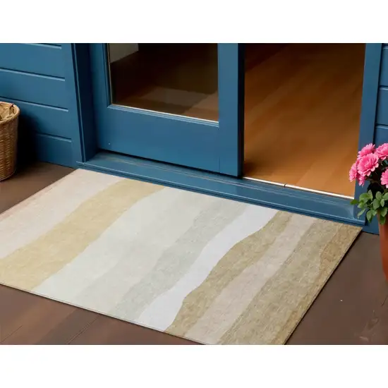 Wheat Gold And Beige Striped Washable Indoor Outdoor Area Rug Photo 2