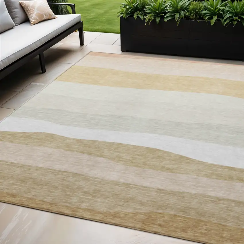 Wheat Gold And Beige Striped Washable Indoor Outdoor Area Rug Photo 2