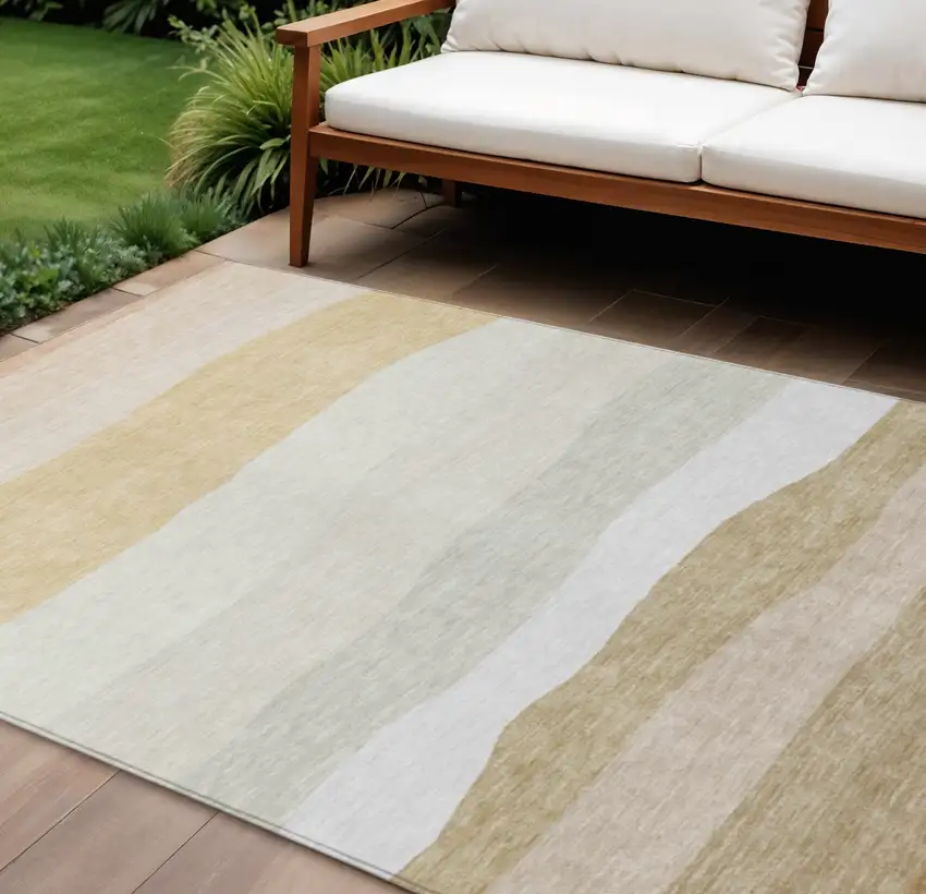 Wheat Gold And Beige Striped Washable Indoor Outdoor Area Rug Photo 2