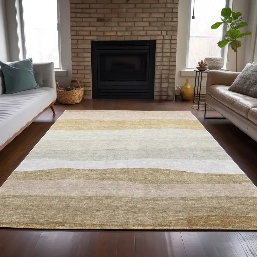 Wheat Gold And Beige Striped Washable Indoor Outdoor Area Rug Photo 7