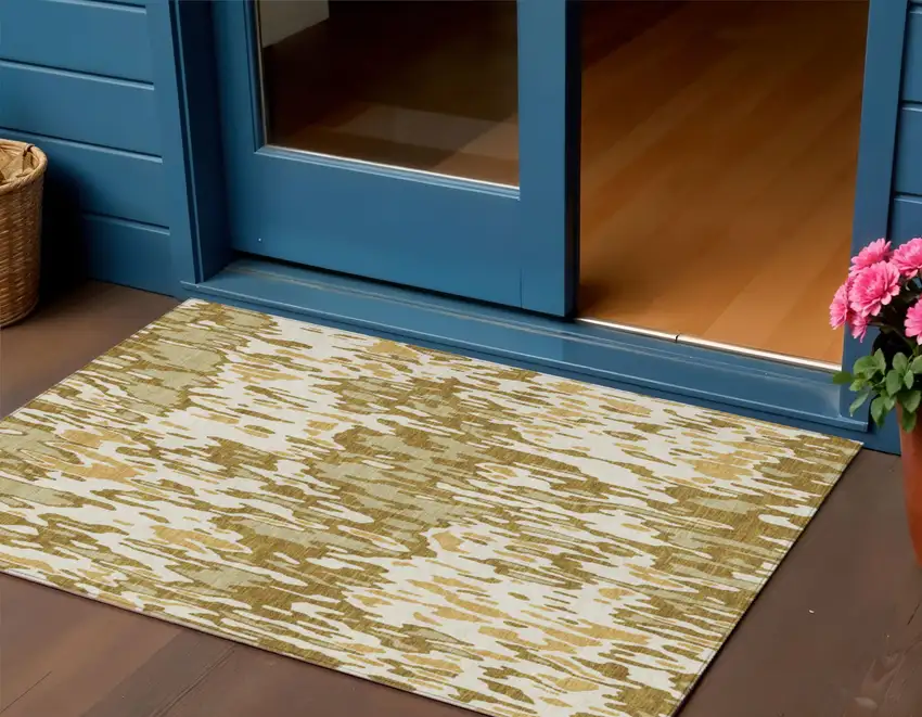 Wheat Gold And Beige Striped Washable Indoor Outdoor Area Rug Photo 1