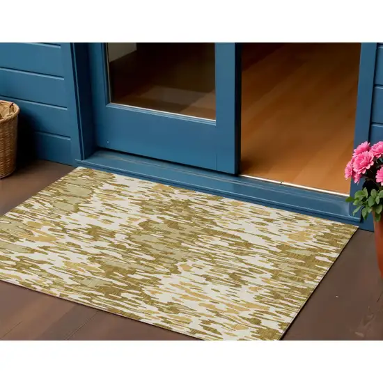 Wheat Gold And Beige Striped Washable Indoor Outdoor Area Rug Photo 1