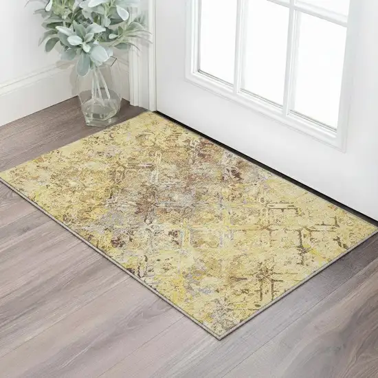 Wheat Gold And Gray Diamond Washable Area Rug With UV Protection Photo 2