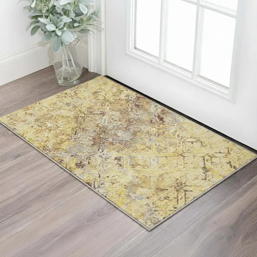 Wheat Gold And Gray Diamond Washable Area Rug With UV Protection Photo 2