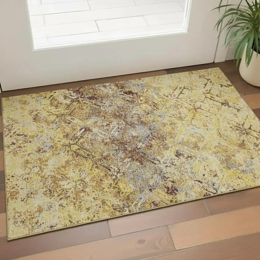 Wheat Gold And Gray Diamond Washable Area Rug With UV Protection Photo 1