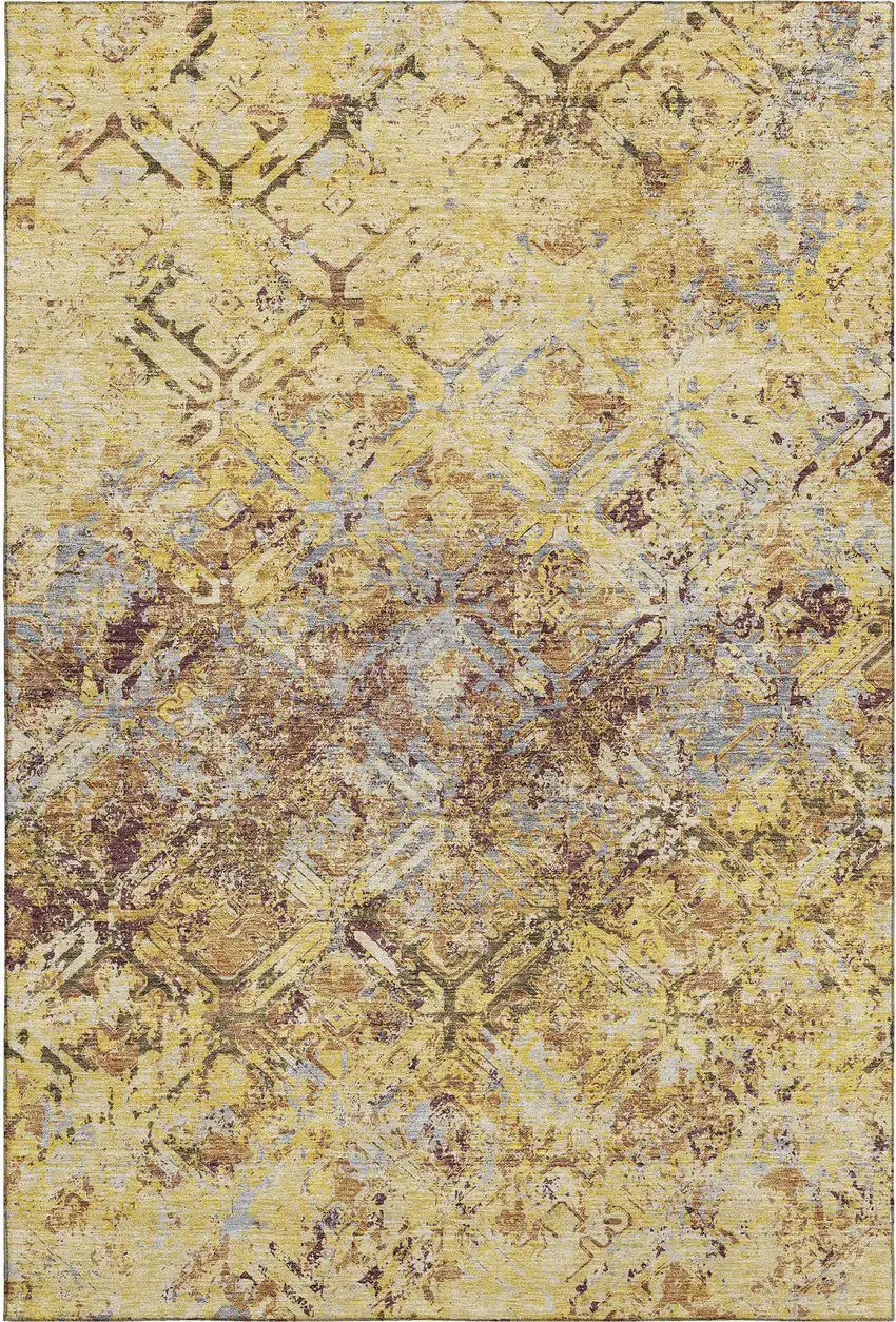 Wheat Gold And Gray Diamond Washable Area Rug With UV Protection Photo 1