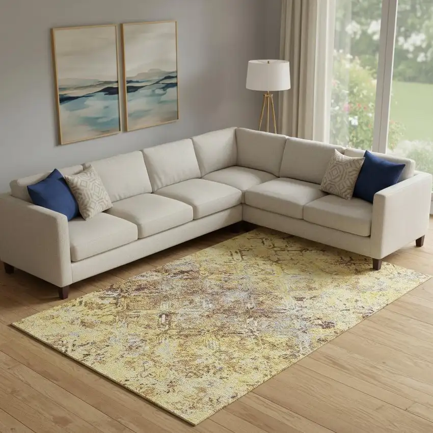 Wheat Gold And Gray Diamond Washable Area Rug With UV Protection Photo 1