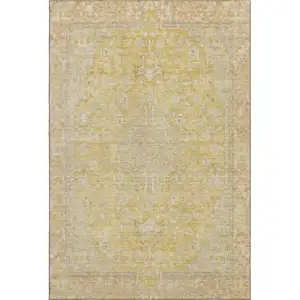 Photo of Wheat Gold And Gray Floral Medallion Washable Area Rug With UV Protection