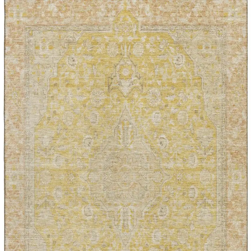 Wheat Gold And Gray Floral Medallion Washable Area Rug With UV Protection Photo 2