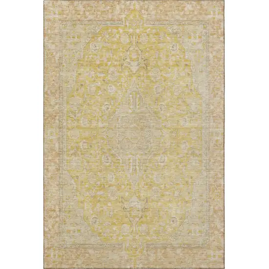 Wheat Gold And Gray Floral Medallion Washable Area Rug With UV Protection Photo 3