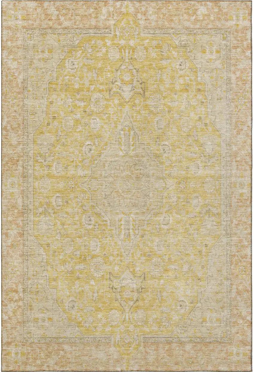 Wheat Gold And Gray Floral Medallion Washable Area Rug With UV Protection Photo 3