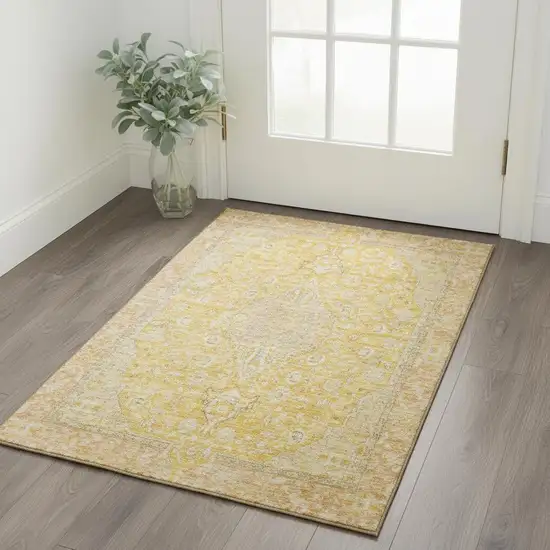 Wheat Gold And Gray Floral Medallion Washable Area Rug With UV Protection Photo 2