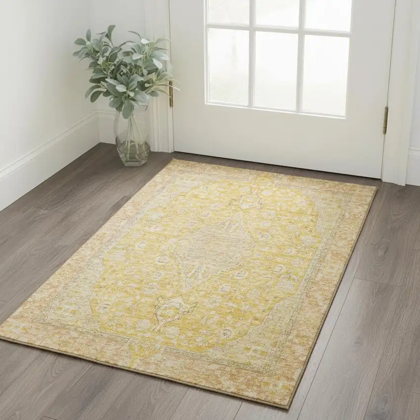 Wheat Gold And Gray Floral Medallion Washable Area Rug With UV Protection Photo 2