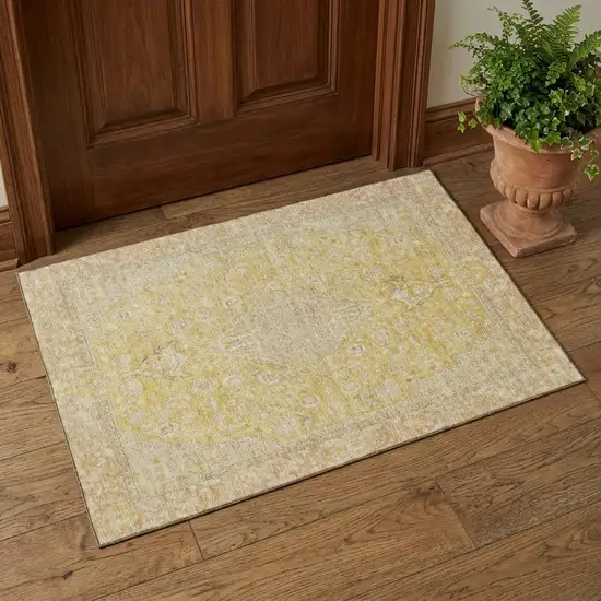 Wheat Gold And Gray Floral Medallion Washable Area Rug With UV Protection Photo 1