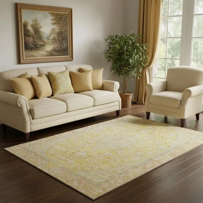 Wheat Gold And Gray Floral Medallion Washable Area Rug With UV Protection Photo 2