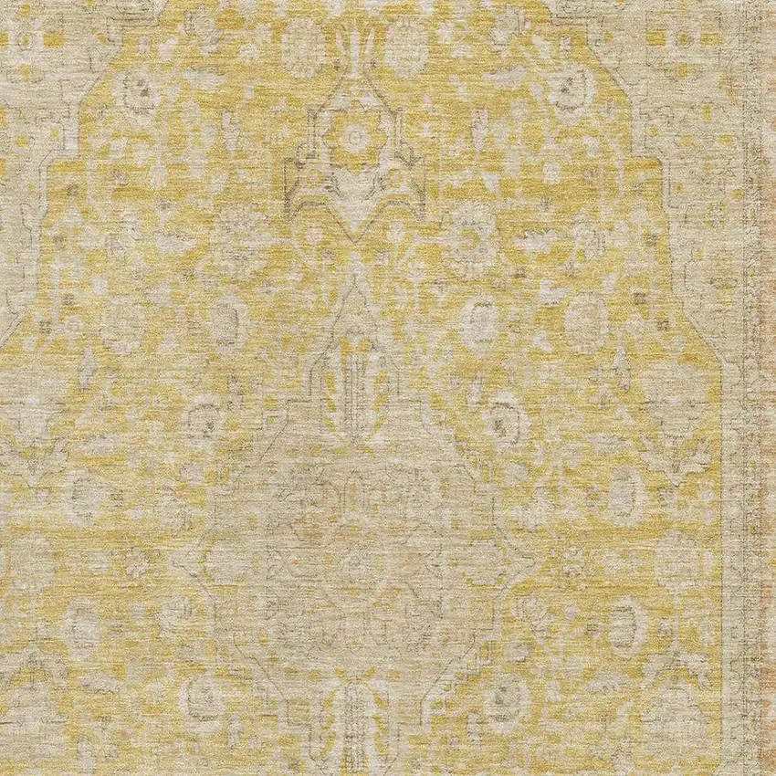 Wheat Gold And Gray Floral Medallion Washable Area Rug With UV Protection Photo 2