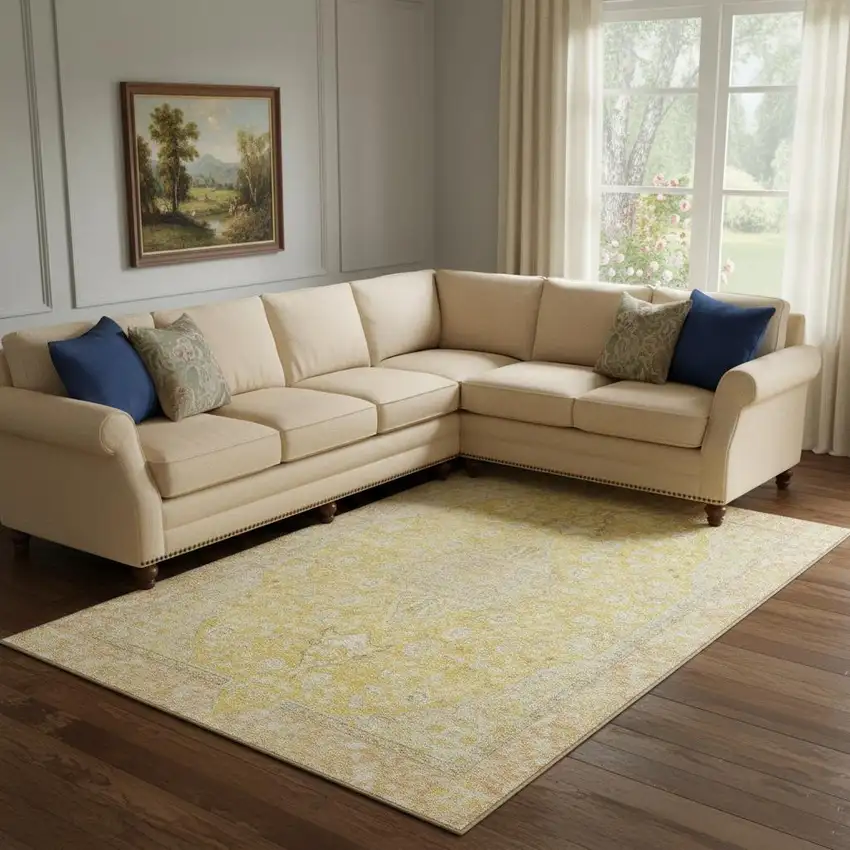 Wheat Gold And Gray Floral Medallion Washable Area Rug With UV Protection Photo 2