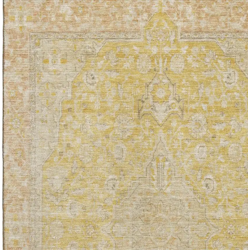Wheat Gold And Gray Floral Medallion Washable Area Rug With UV Protection Photo 2