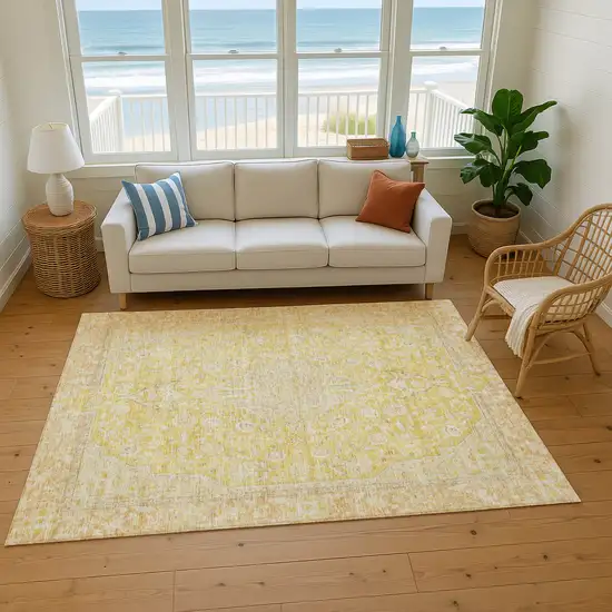 Wheat Gold And Gray Floral Medallion Washable Area Rug With UV Protection Photo 5