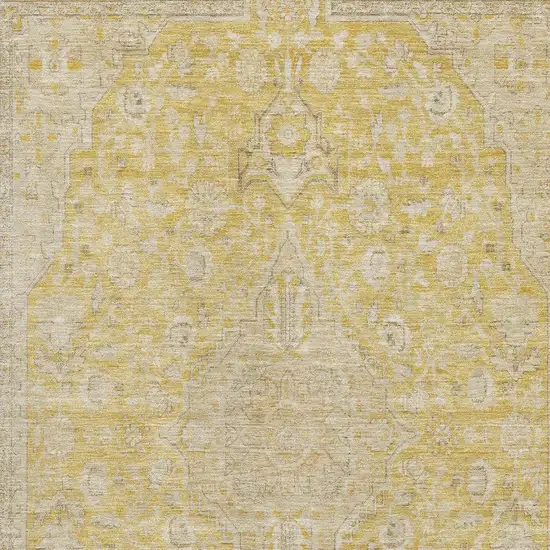 Wheat Gold And Gray Floral Medallion Washable Area Rug With UV Protection Photo 2