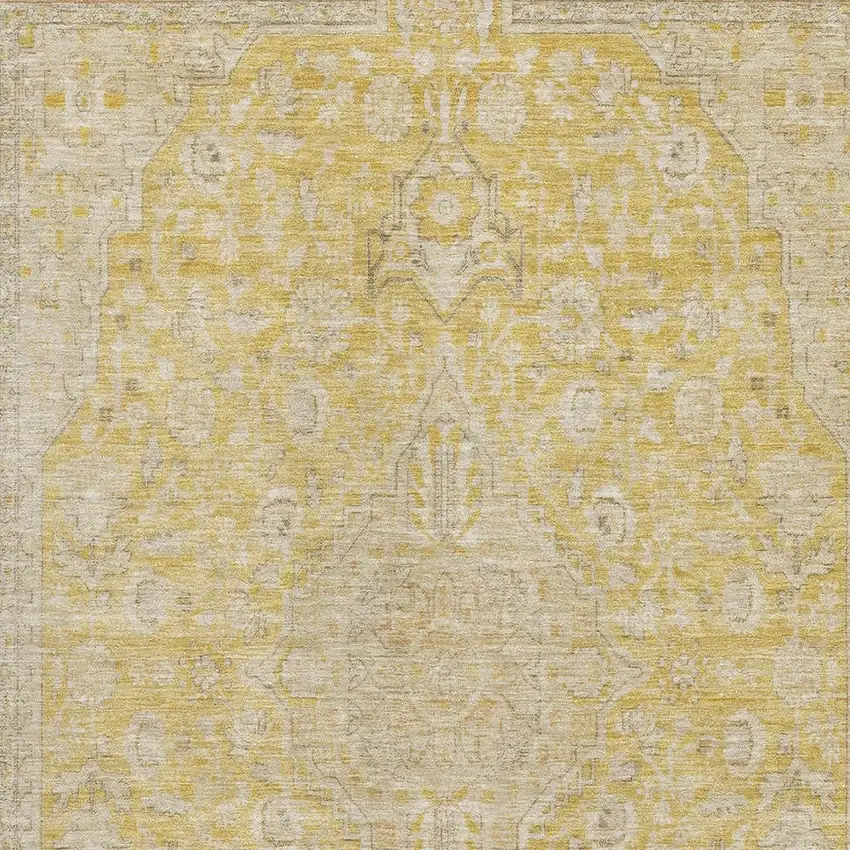 Wheat Gold And Gray Floral Medallion Washable Area Rug With UV Protection Photo 2
