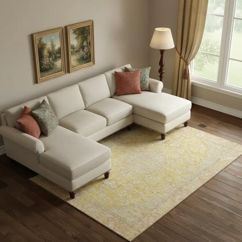 Wheat Gold And Gray Floral Medallion Washable Area Rug With UV Protection Photo 2