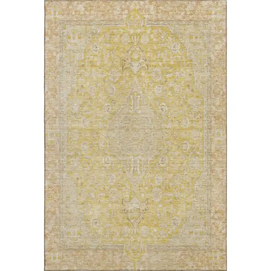 Wheat Gold And Gray Floral Medallion Washable Area Rug With UV Protection Photo 1